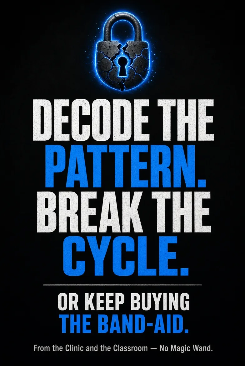 Cracked glowing padlock above the words: Decode the pattern. Break the cycle. Or keep buying the band-aid. From the clinic and the classroom — no magic wand.